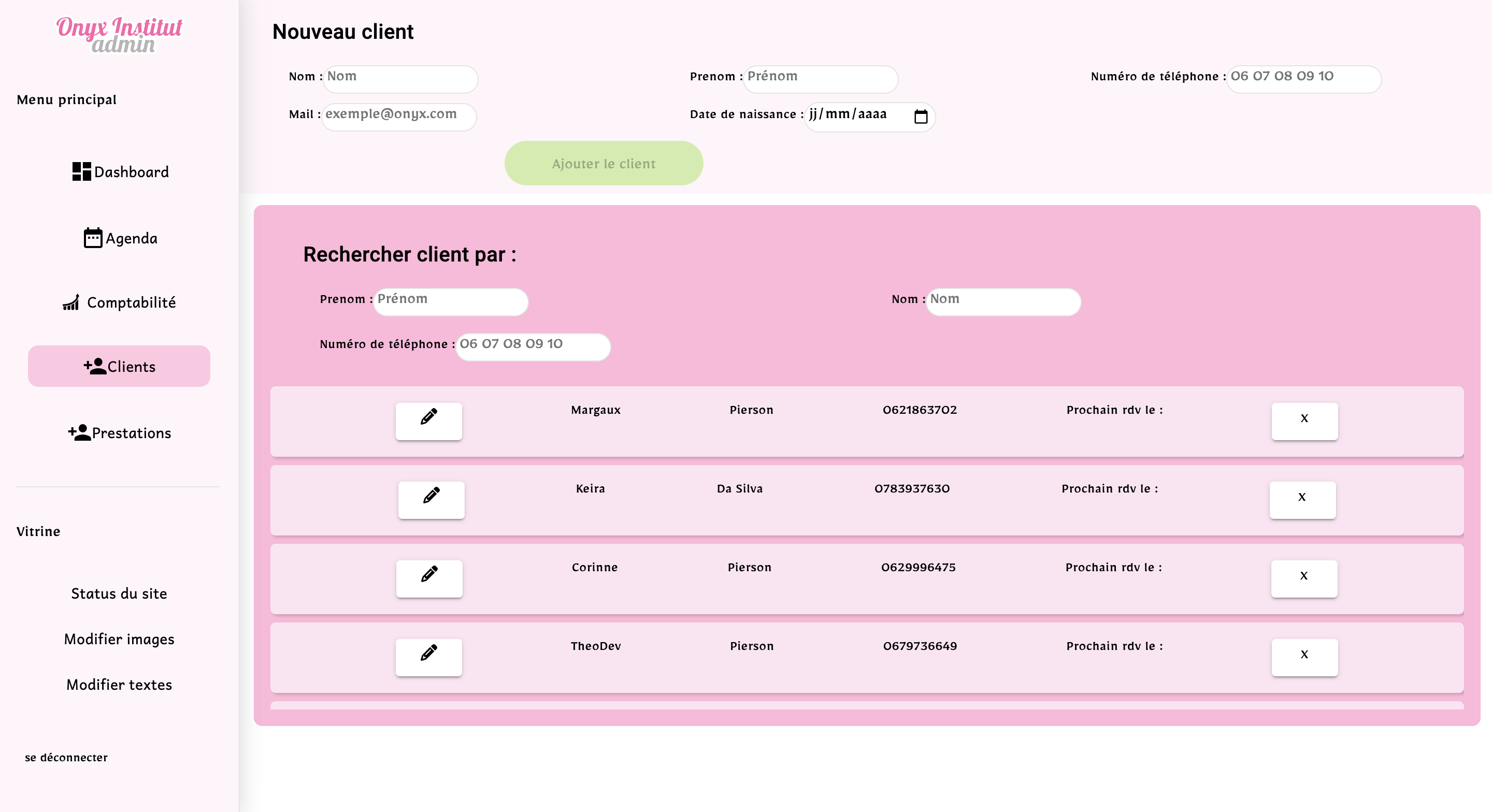 Capture d'écran du site Onyx Institut côté admin